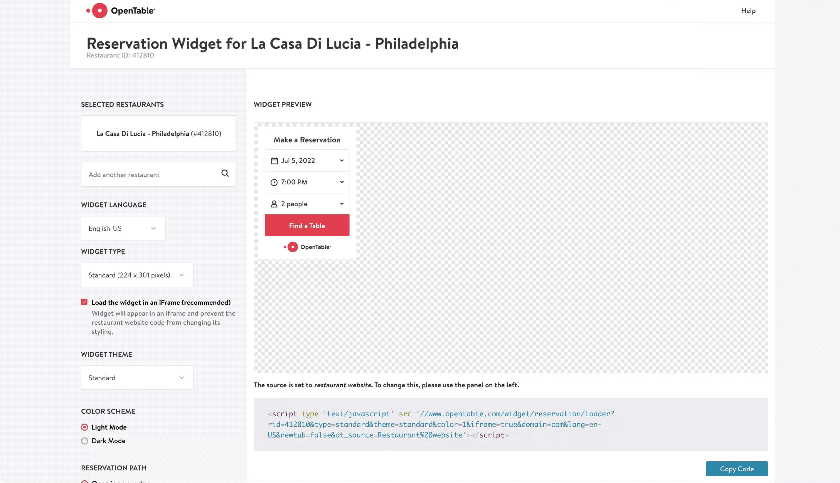 Overview of the OpenTable Reservation Widget 